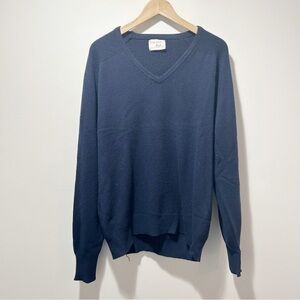 Thane 100% Cashmere V Neck Sweater Vintage Size Large XL Navy Blue Ribbed Hems